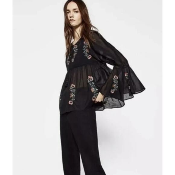 ZARA Trafaluc Collection Embroidered Boho Bell Sleeve Tassel Blouse Size: M - Picture 2 of 6